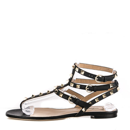 Valentino Garavani Calfskin Rockstud Ankle Wrap Flat Thong Sandals 37.5 Black 8 of 14