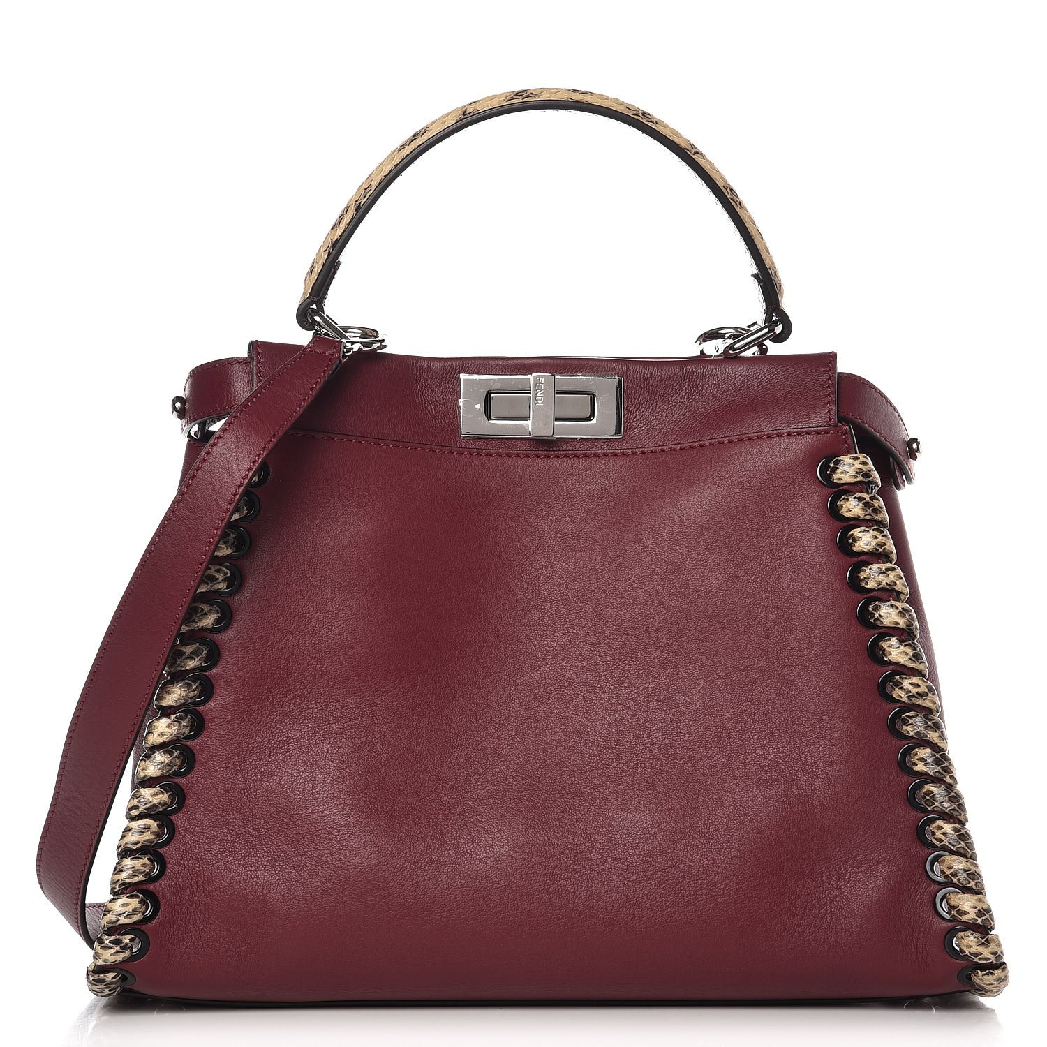 Fendi Calfskin Elaphe Lace Up Medium Peekaboo Iconic Satchel Bordeaux Beige Verde 1 of 8