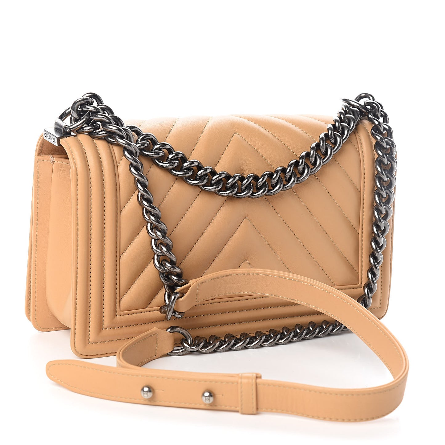 Calfskin Chevron Quilted Medium Boy Flap Beige