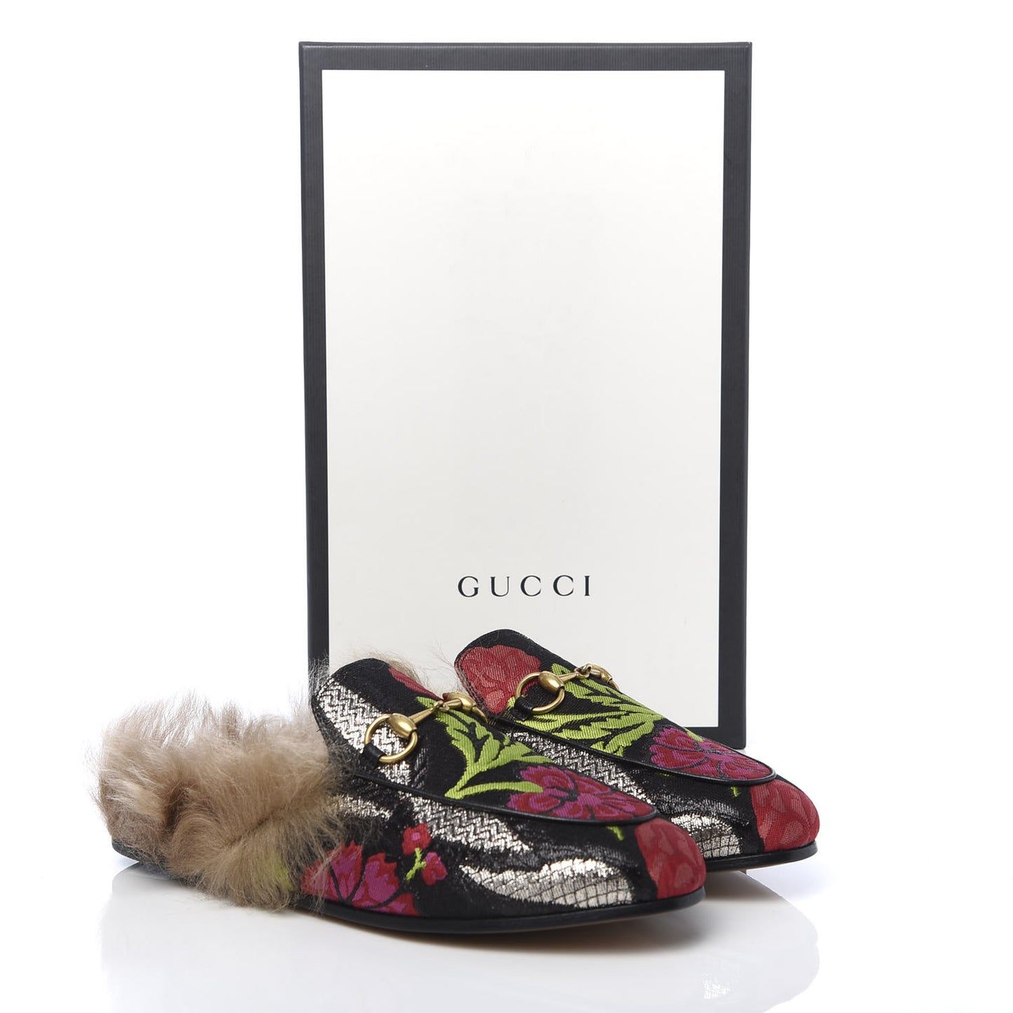 Brocade Fur Floral Womens Princetown Slippers 36 Black Anthracite