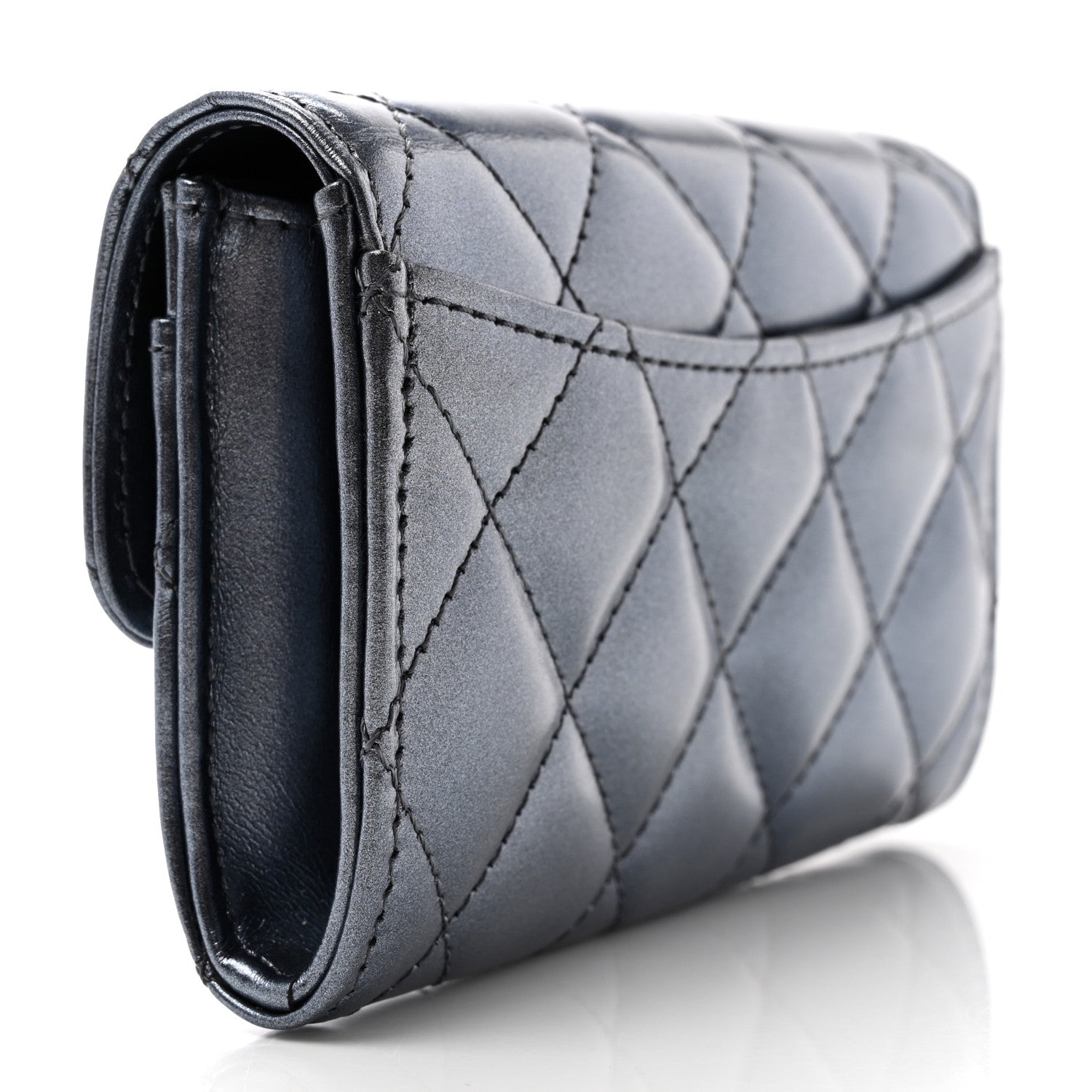 Chanel Metallic Lambskin Quilted Flap Card Holder Wallet Dark Blue 3 of 9