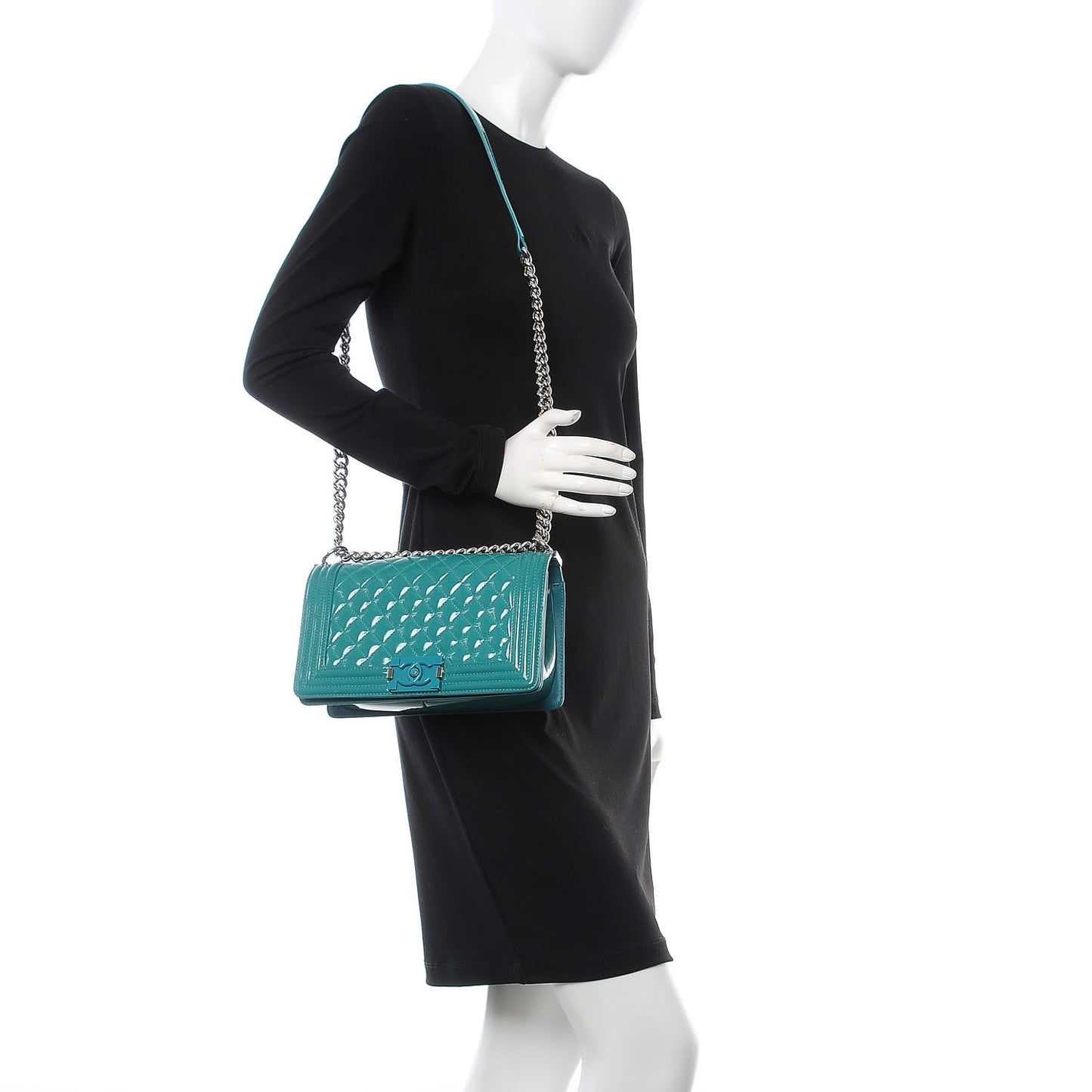 Patent Calfskin Quilted Medium Plexiglass Boy Flap Turquoise