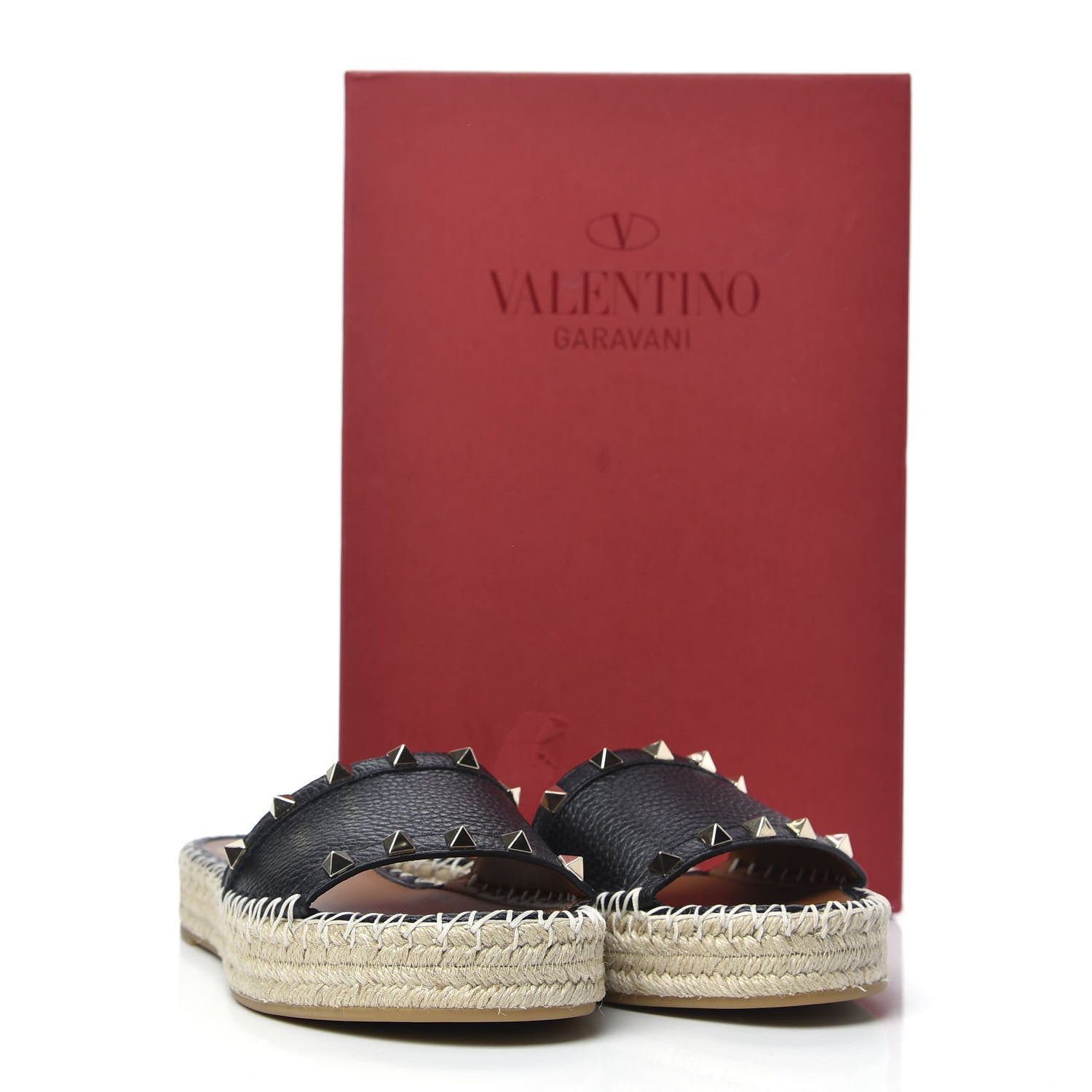 Valentino Garavani Grained Calfskin Rockstud Espadrille Flat Slide Sandals 37 Black 8 of 8
