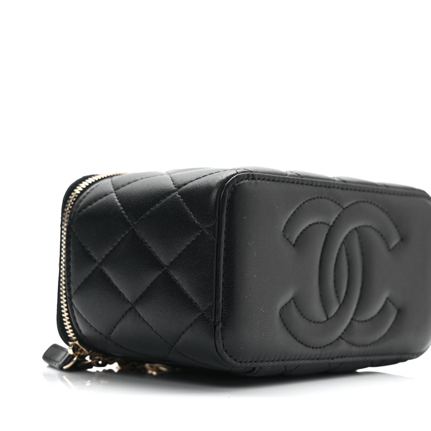 Lambskin Quilted Metal Small Top Handle Vanity Case With Chain Black