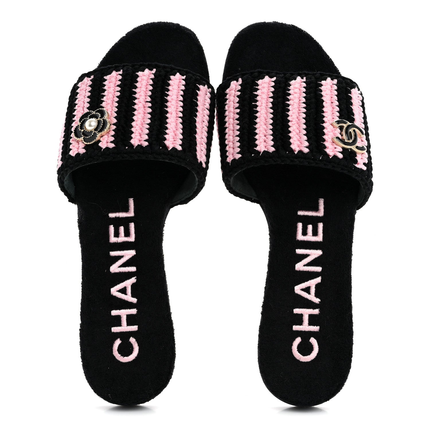 Chanel Crochet Striped Enamel Camellia Mules Sandals 36.5 Pink Black 2 of 10