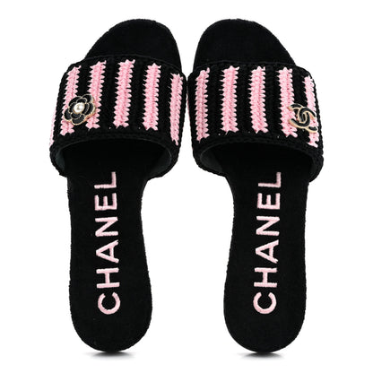 Chanel Crochet Striped Enamel Camellia Mules Sandals 36.5 Pink Black 2 of 10