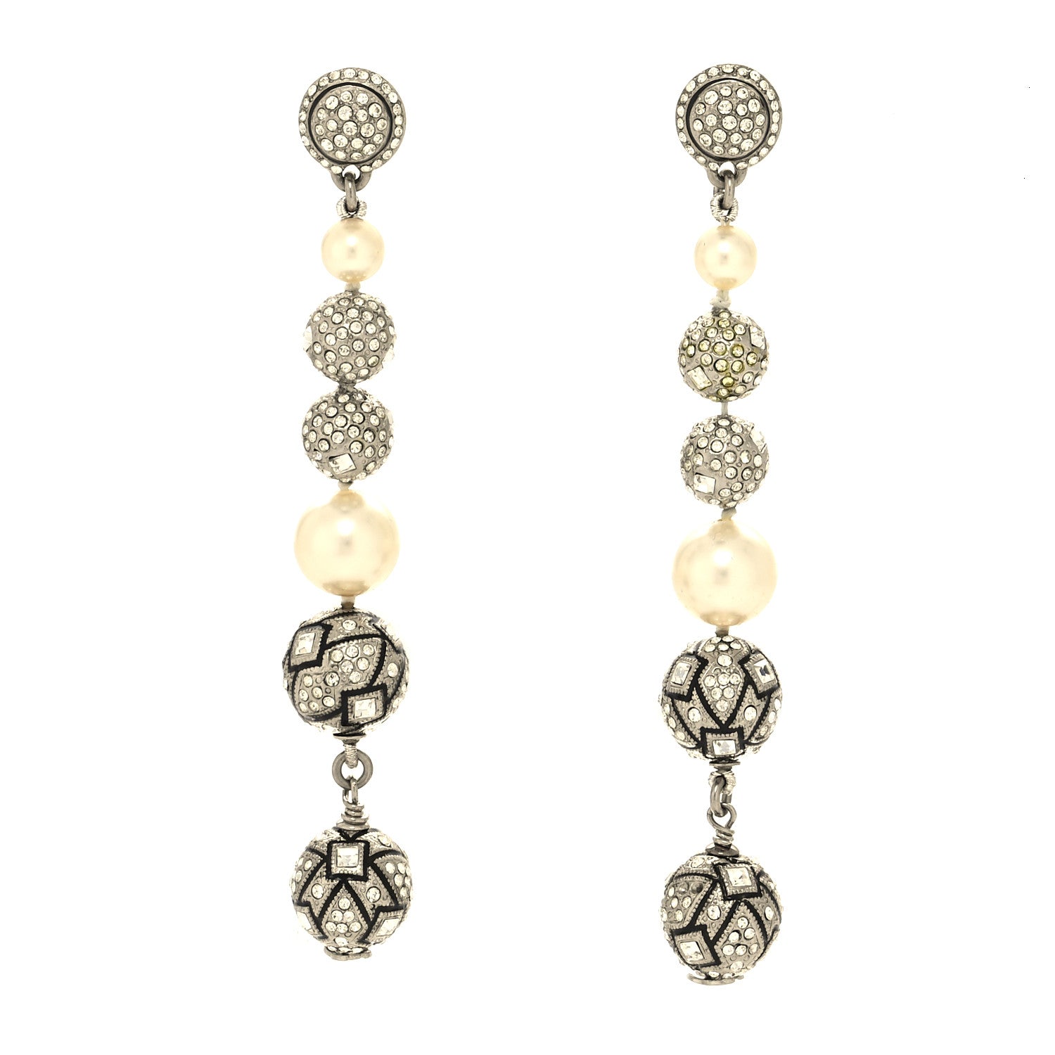 Chanel Pearl Crystal Long Drop Earrings Pearly White Gold 1 of 4