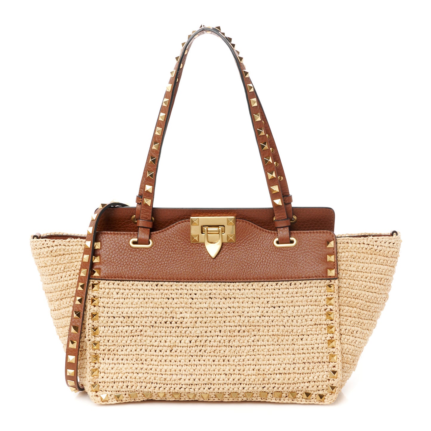 Raffia Calfskin Small Rockstud Tote Naturale Saddle Brown