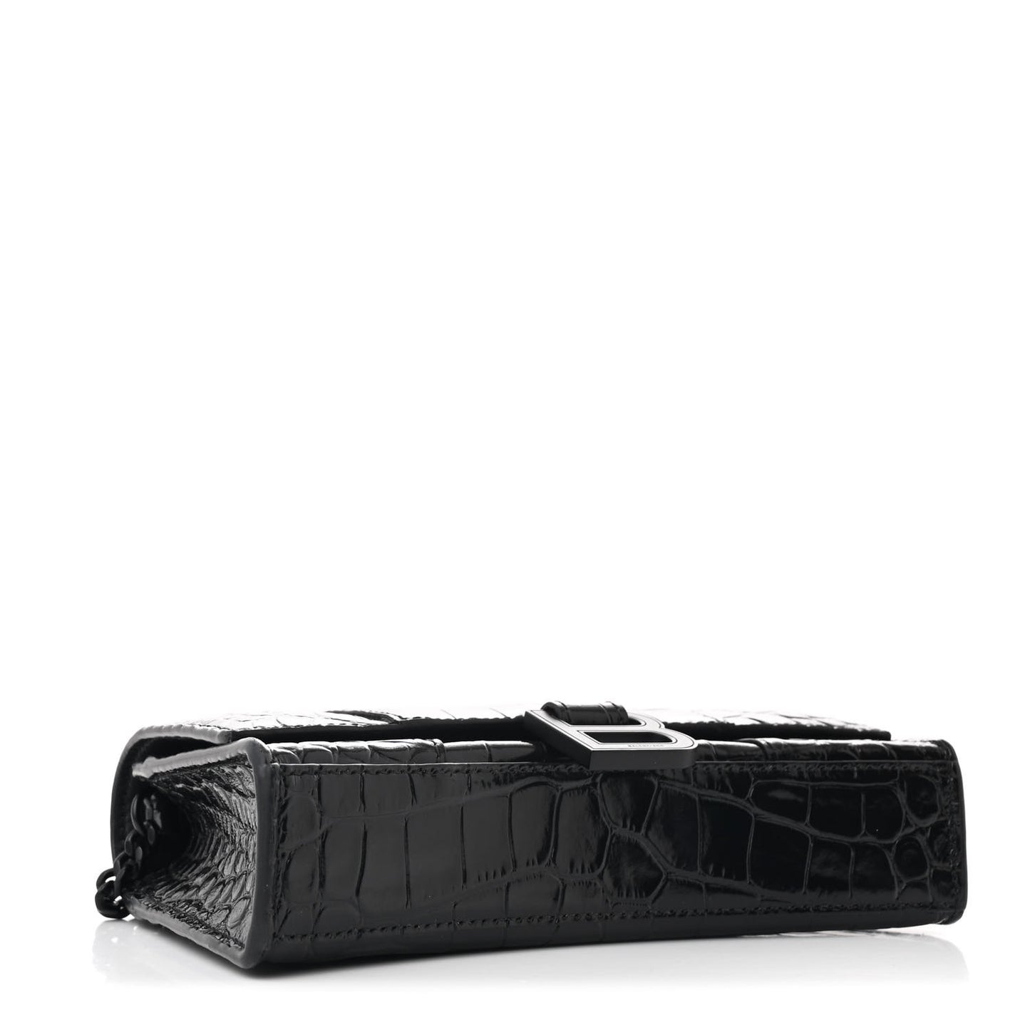Shiny Calfskin Monochrome Crocodile Embossed Hourglass Chain Bag Black