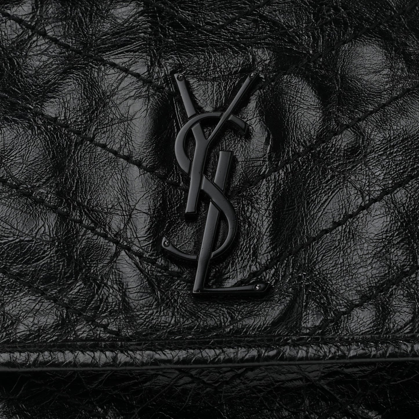 Crinkled Calfskin Matelasse Monogram Medium Niki Chain Satchel Black