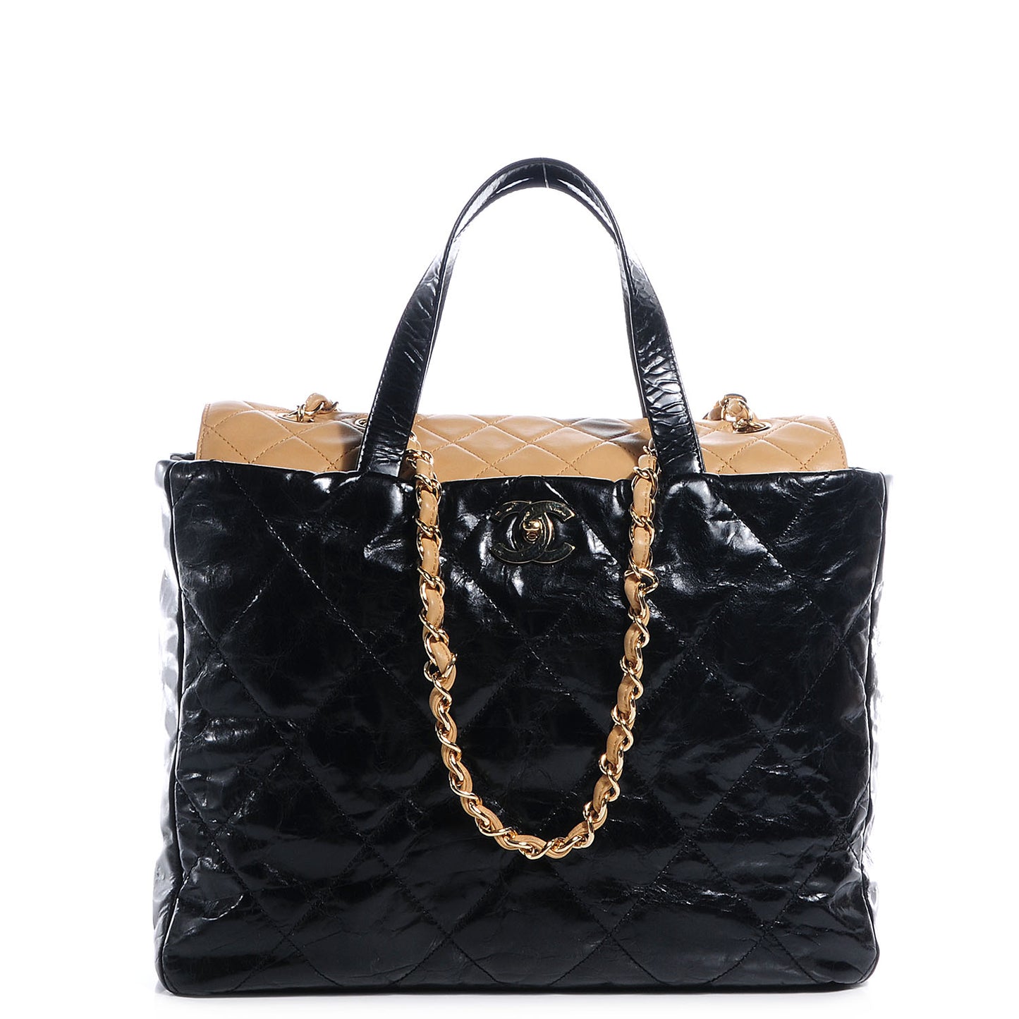 Glazed Calfskin Portobello Tote Black Beige