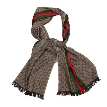 Gucci Wool Silk GG Monogram Web Verbier Fringe Scarf Light Brown Dark Green 1 of 4
