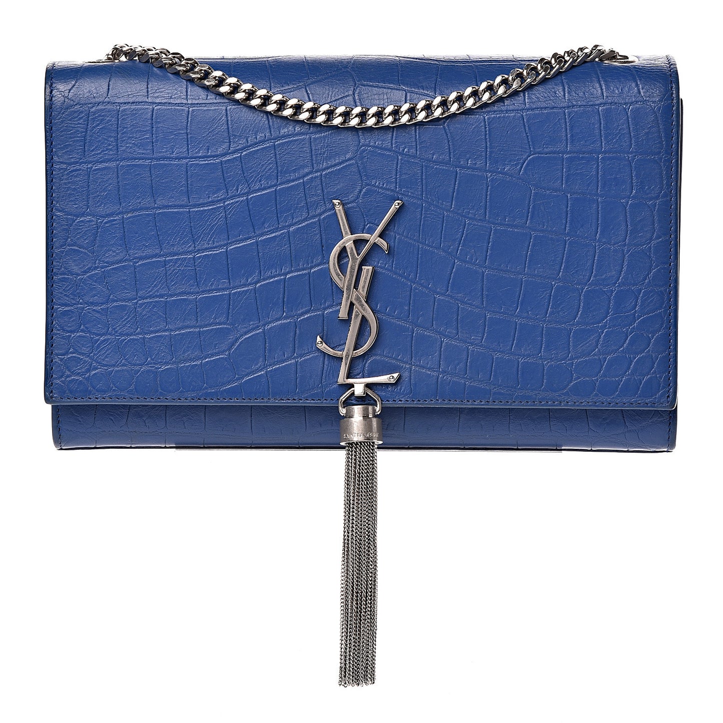 Calfskin Crocodile Embossed Medium Classic Monogram Kate Tassel Satchel Bleu Majorelle