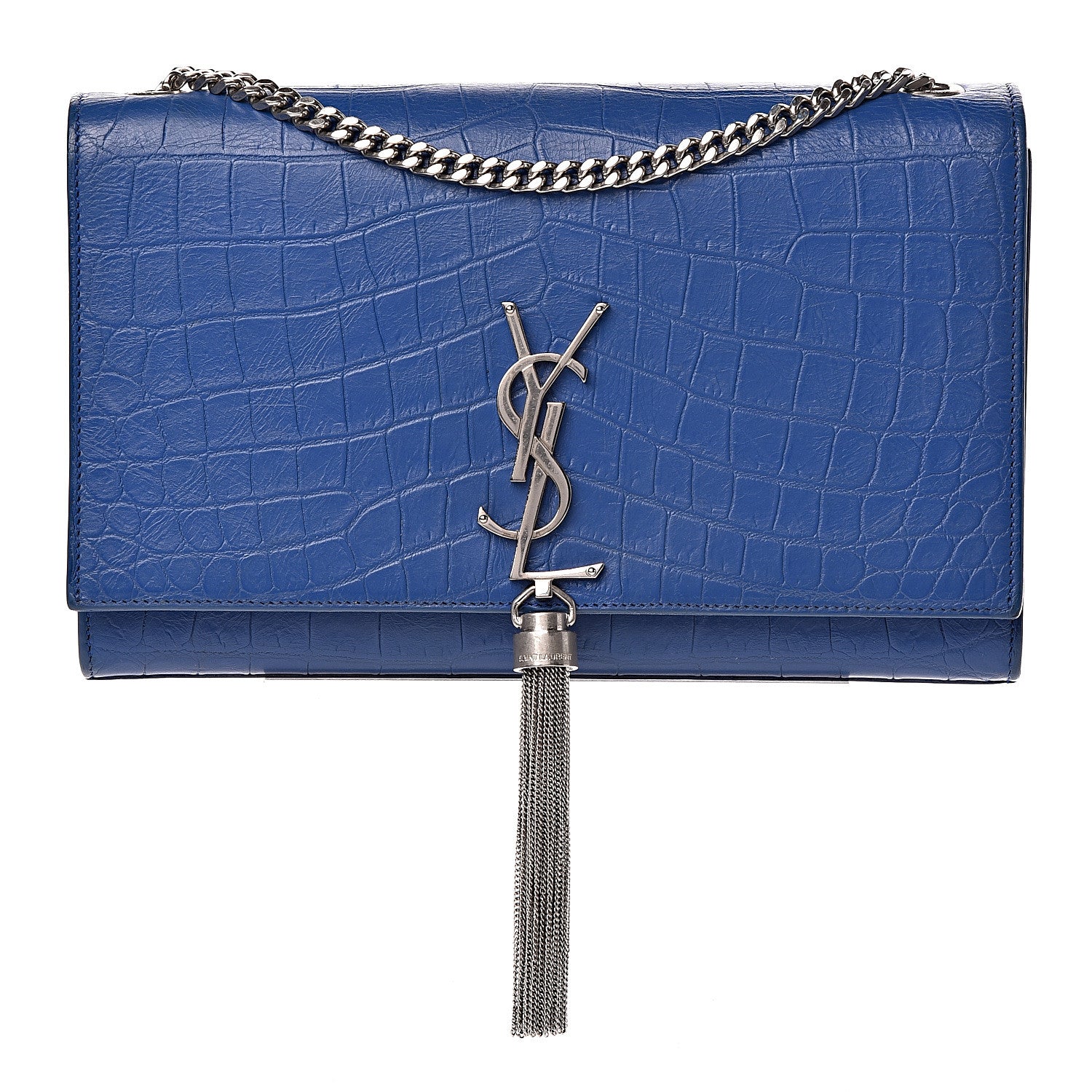 Saint Laurent Calfskin Crocodile Embossed Medium Classic Monogram Kate Tassel Satchel Bleu Majorelle 1 of 11