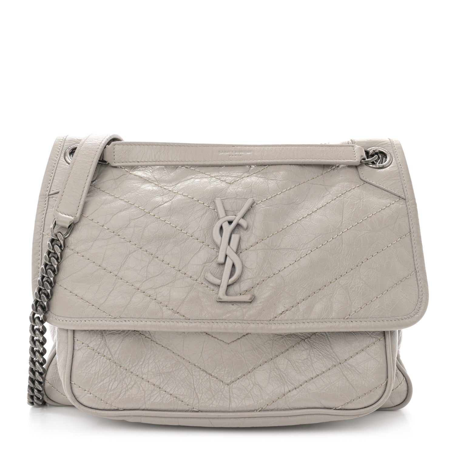 Saint Laurent Crinkled Calfskin Matelasse Monogram Medium Niki Chain Satchel Granite 1 of 14