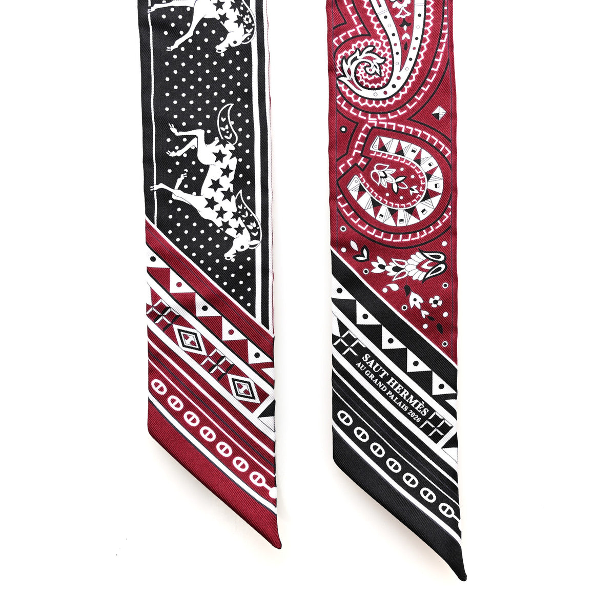 Hermes Silk Cheval De Coeur Bandana Twilly Bourgogne Black White 2 of 4