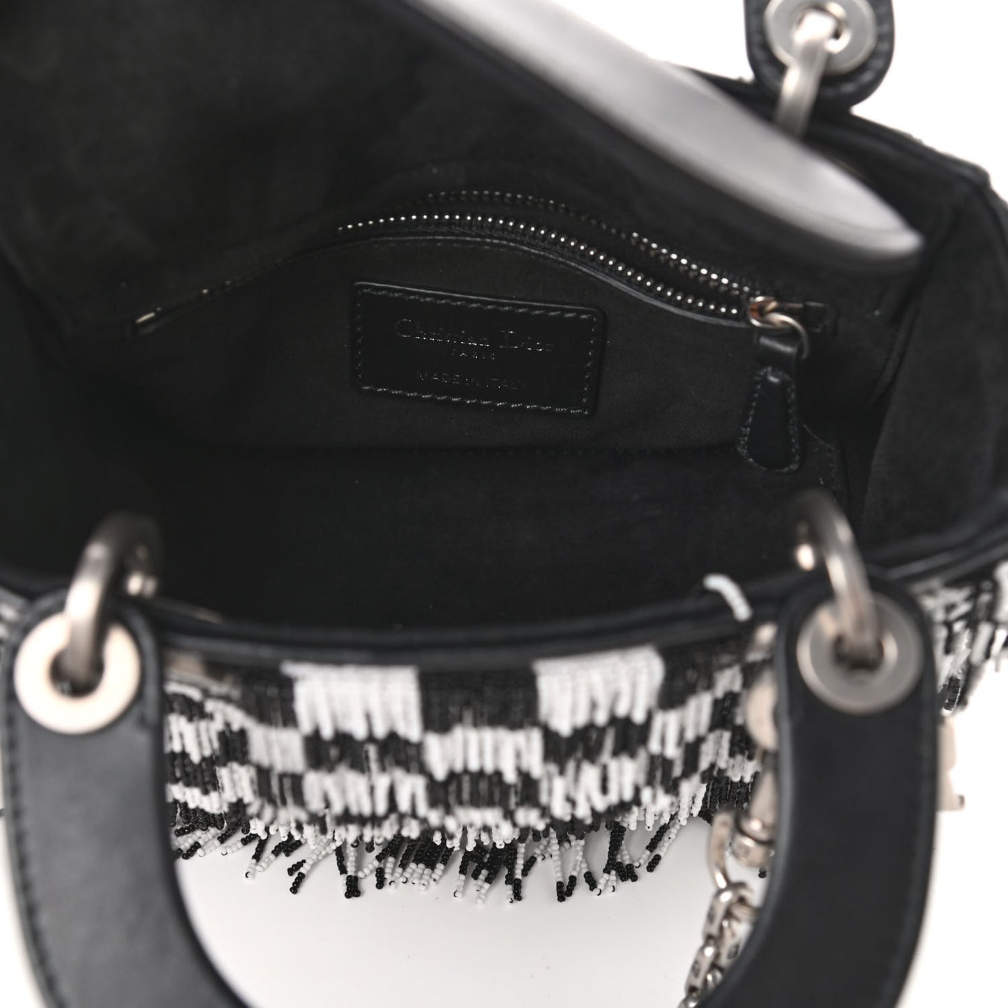 Calfskin Beaded Fringe Checkered Mini Lady Dior Black White