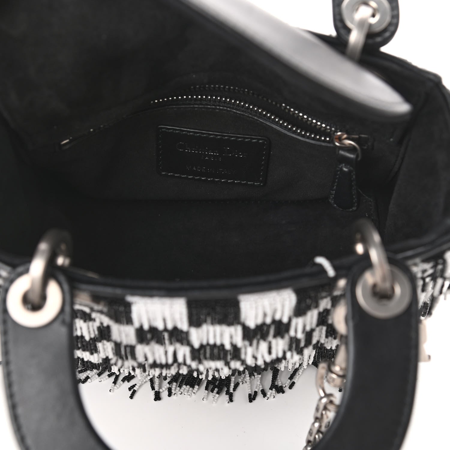 Christian Dior Calfskin Beaded Fringe Checkered Mini Lady Dior Black White 6 of 8
