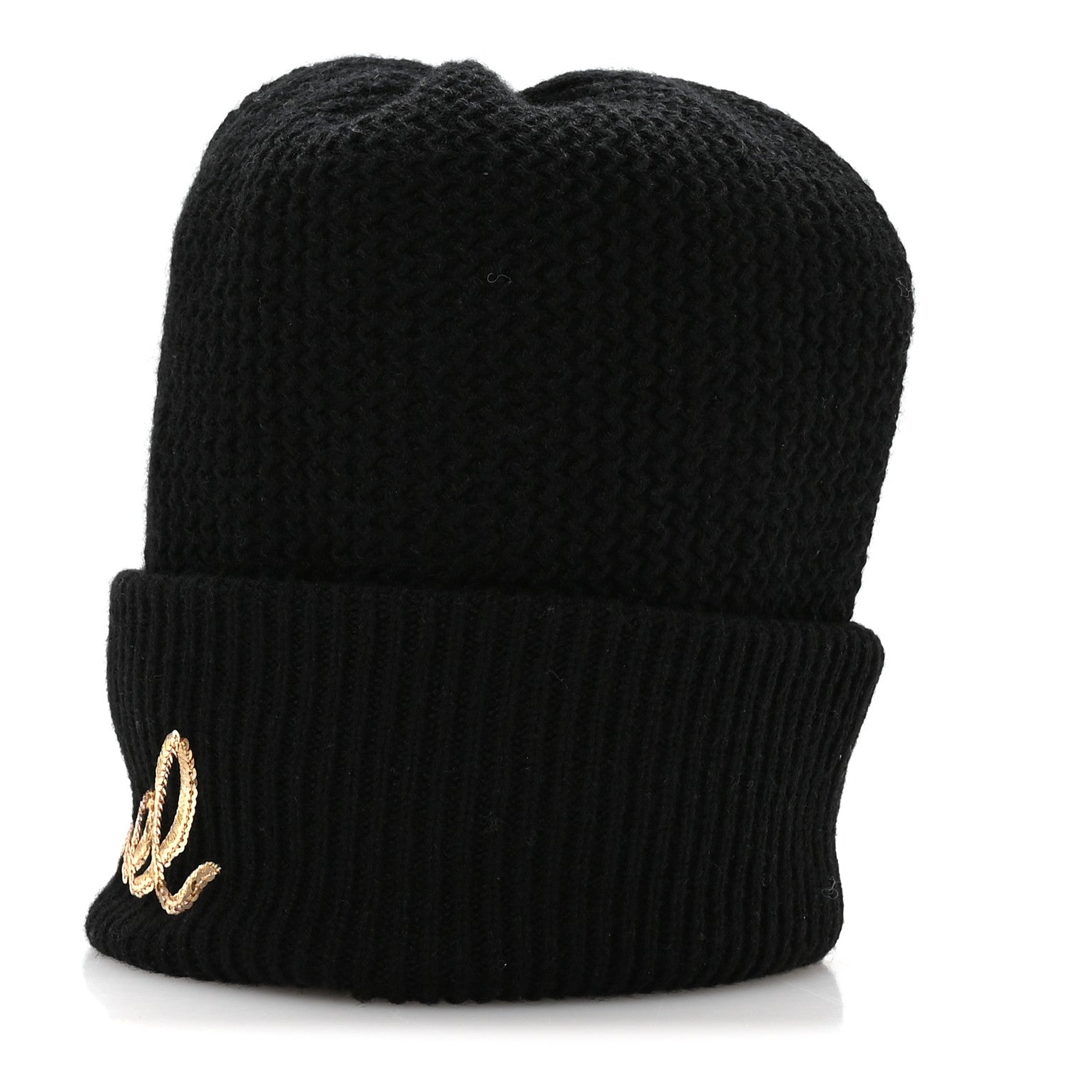 Chanel Cashmere Sequin Logo Beanie Hat Black Gold 5 of 9