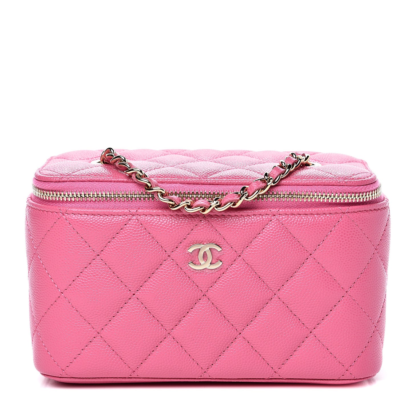 Caviar Quilted Small Vanity Case With Chain Pink