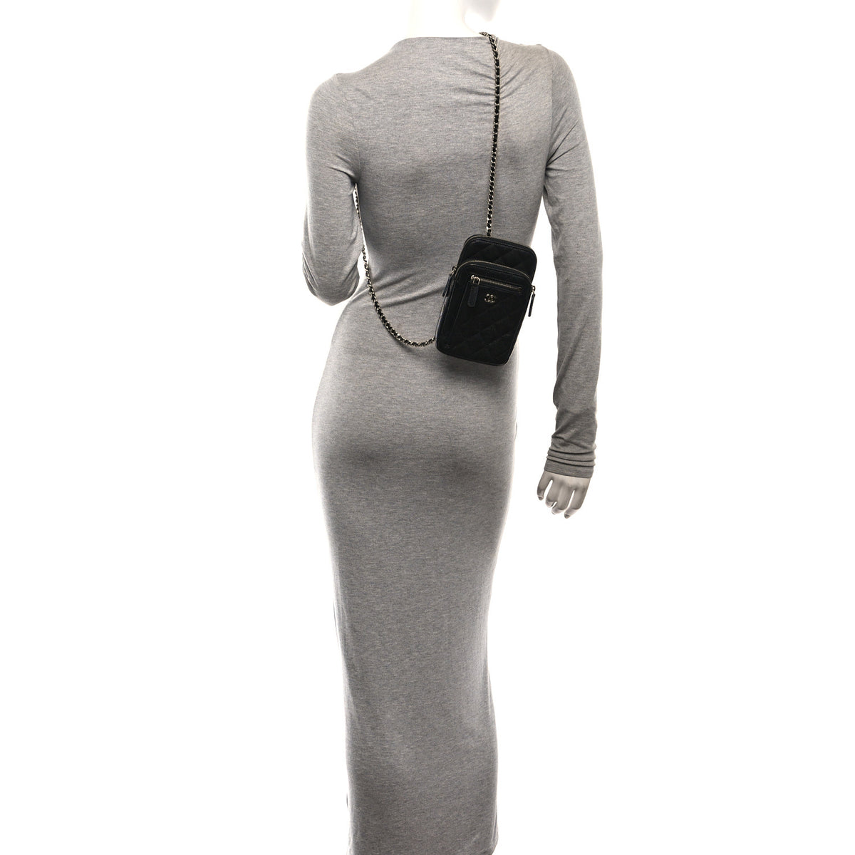 Caviar Quilted Phone Holder With Chain Black