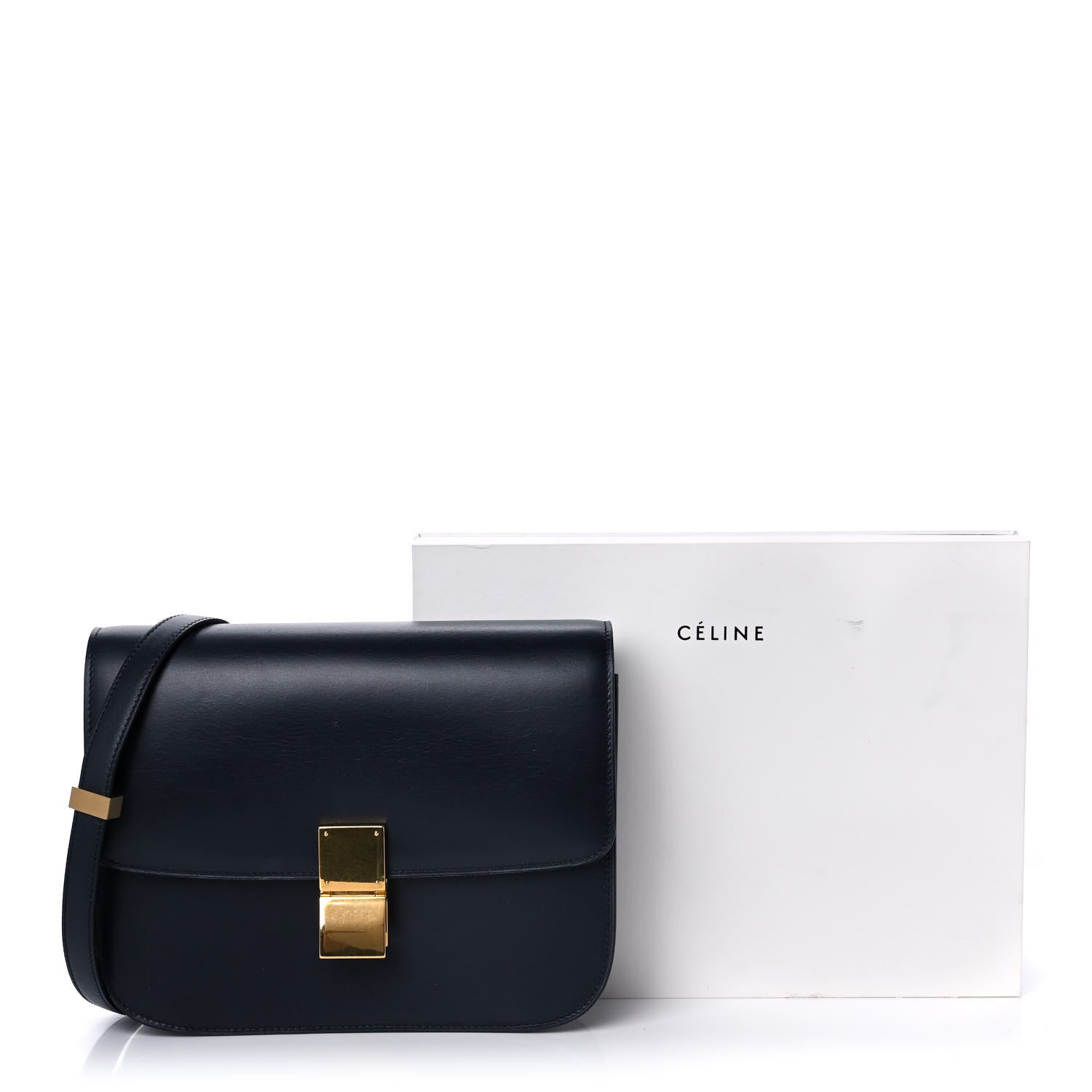 Celine Box Calfskin Medium Classic Box Flap Bag Navy Tan 12 of 12