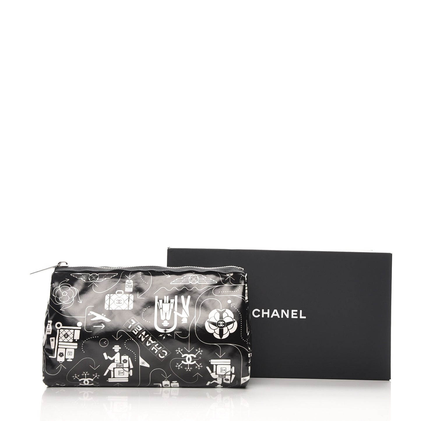 Coated Canvas Airline Cosmetic Pouch Black White