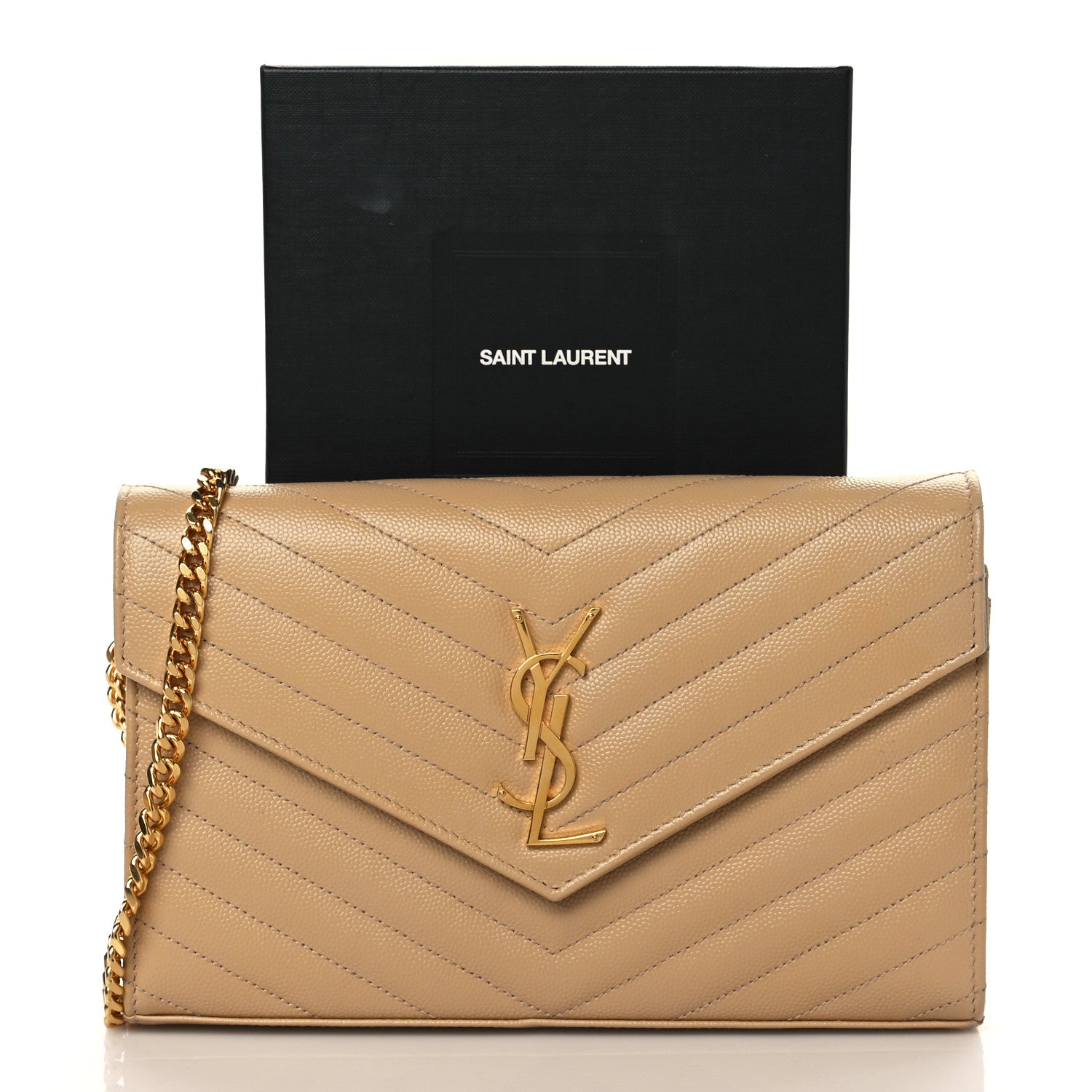 Saint Laurent Grain De Poudre Matelasse Chevron Monogram Chain Wallet Dark Latte 10 of 10