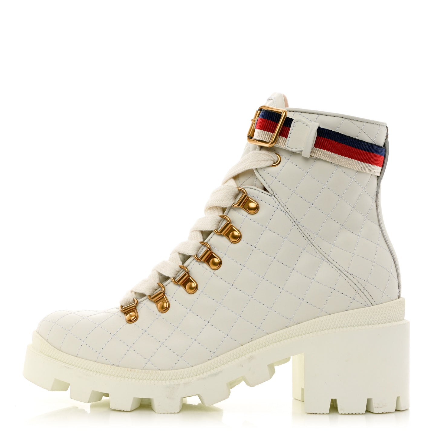 Calfskin Quilted Sylvie Web Lace Up Combat Ankle Boots 38.5 White