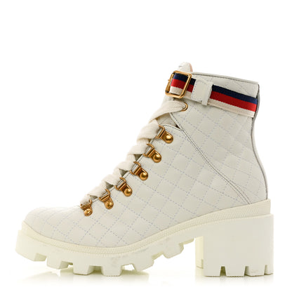 Gucci Calfskin Quilted Sylvie Web Lace Up Combat Ankle Boots 38.5 White 1 of 12