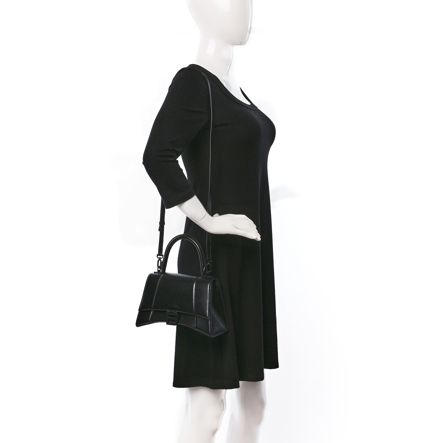 Shiny Box Calfskin Monochrome Small Hourglass Top Handle Bag Black