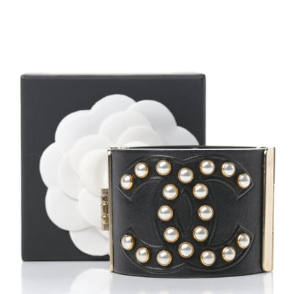 Chanel Lambskin Calfskin Pearl CC Cuff Bracelet Black Gold 5 of 5