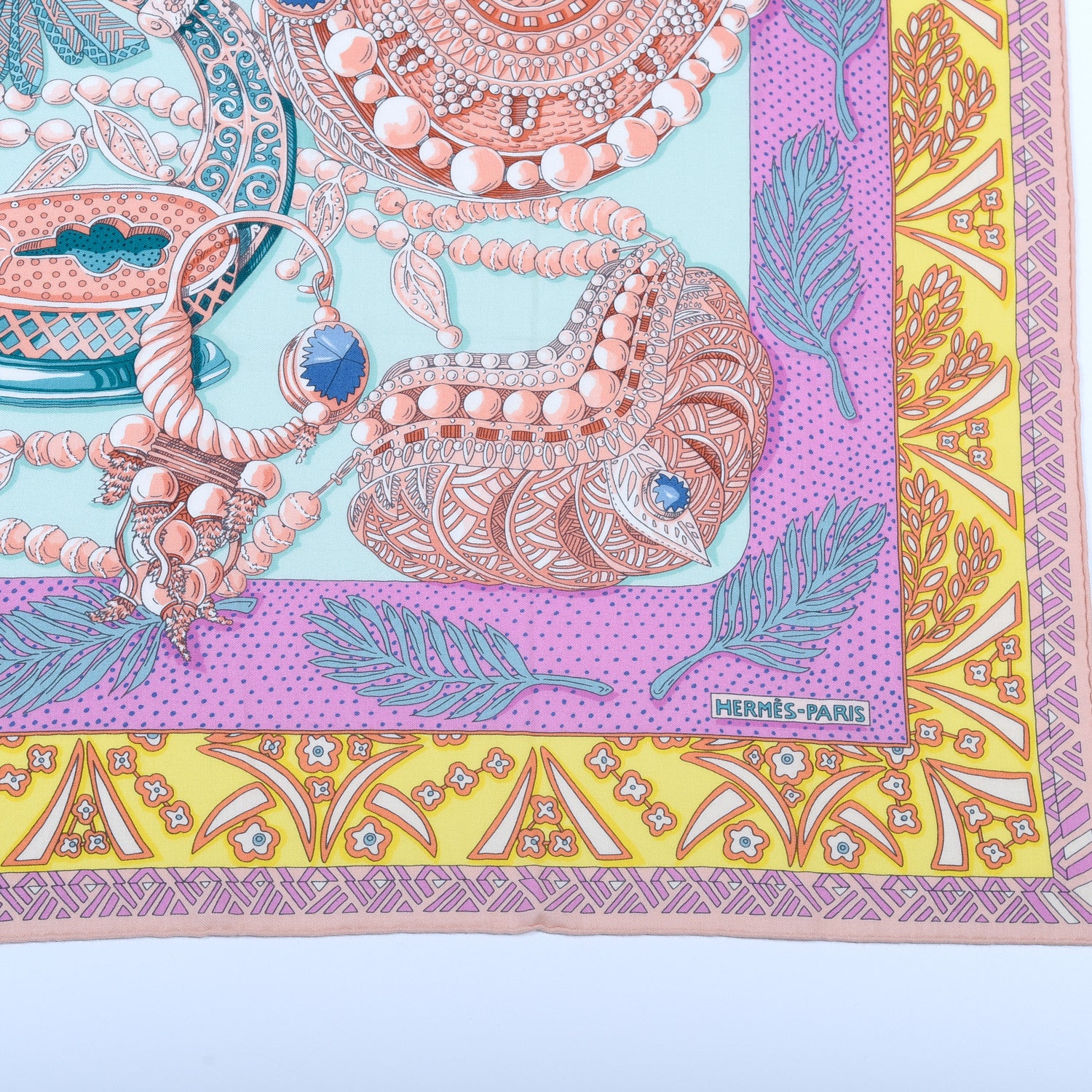 Hermes Cashmere Silk Zenobie Reine De Palmyre Shawl 140 Vert d'Eau Rose Jaune Vif 4 of 9