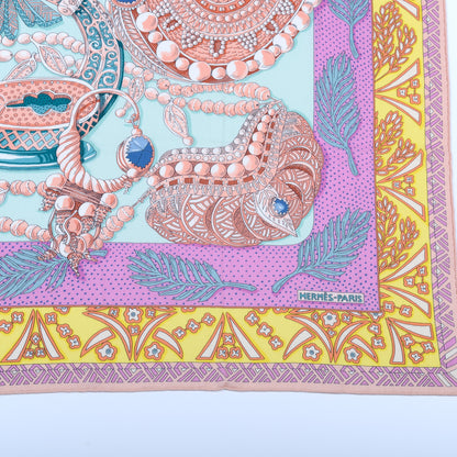 Hermes Cashmere Silk Zenobie Reine De Palmyre Shawl 140 Vert d'Eau Rose Jaune Vif 4 of 9