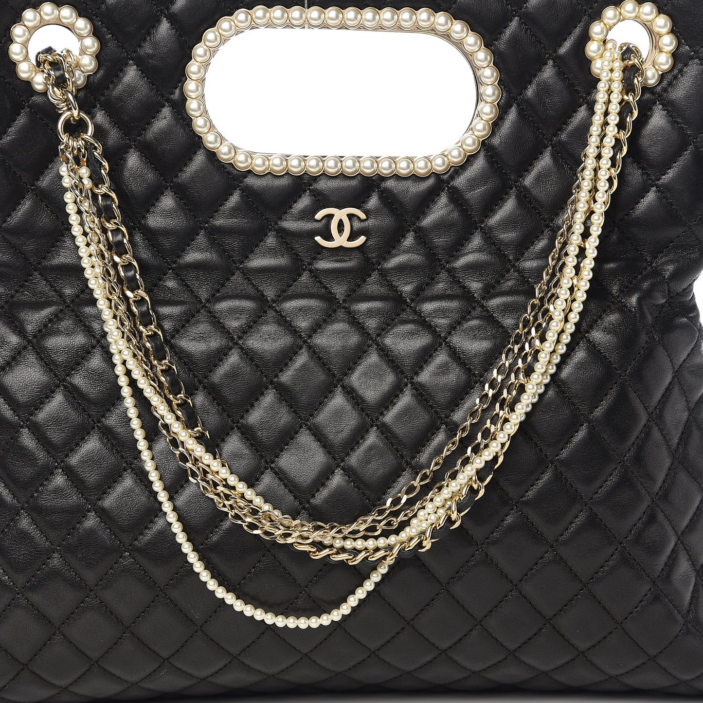 Lambskin Quilted Westminster Pearls Convertible Tote Black