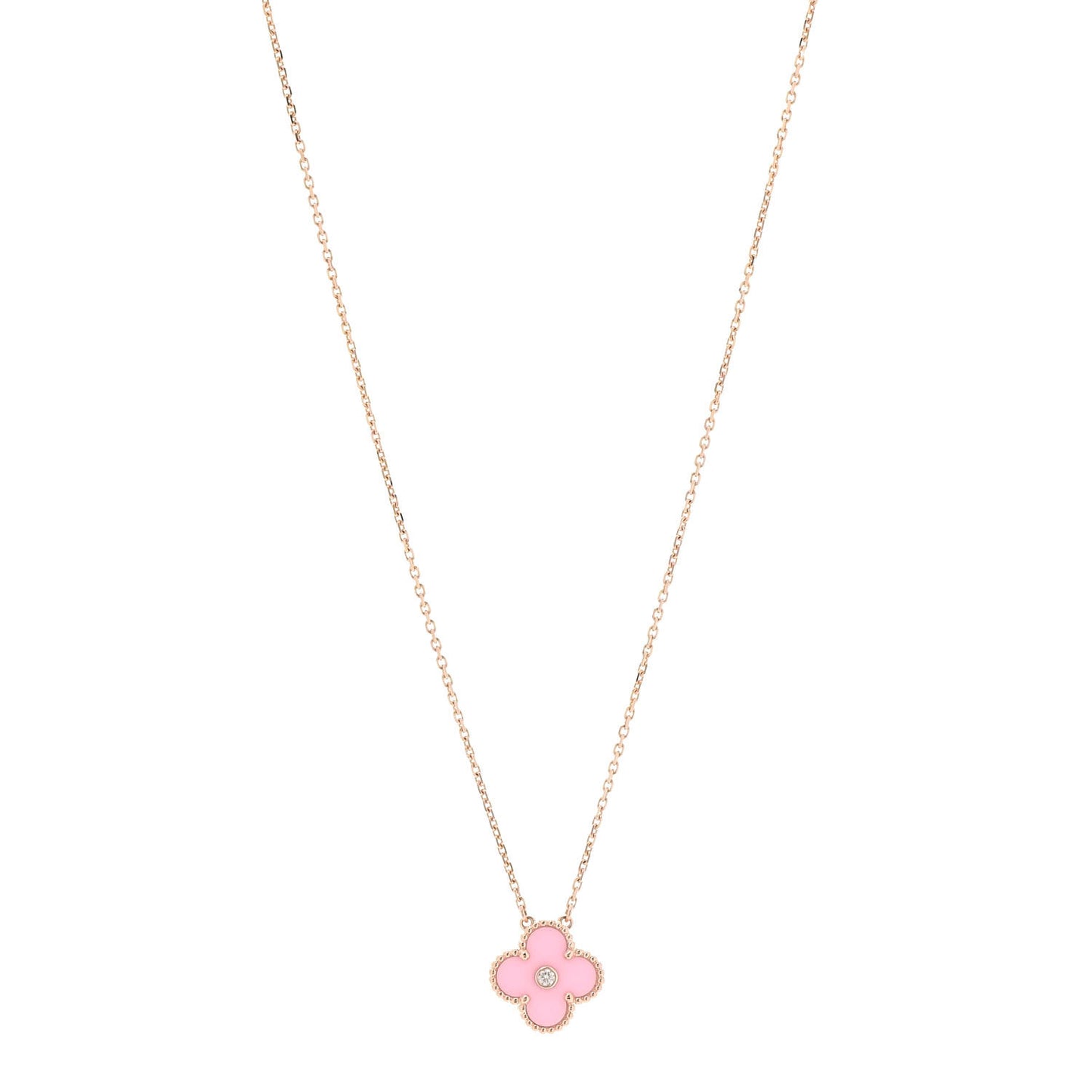18K Rose Gold Diamond Pink Porcelain Vintage Alhambra Pendant Necklace