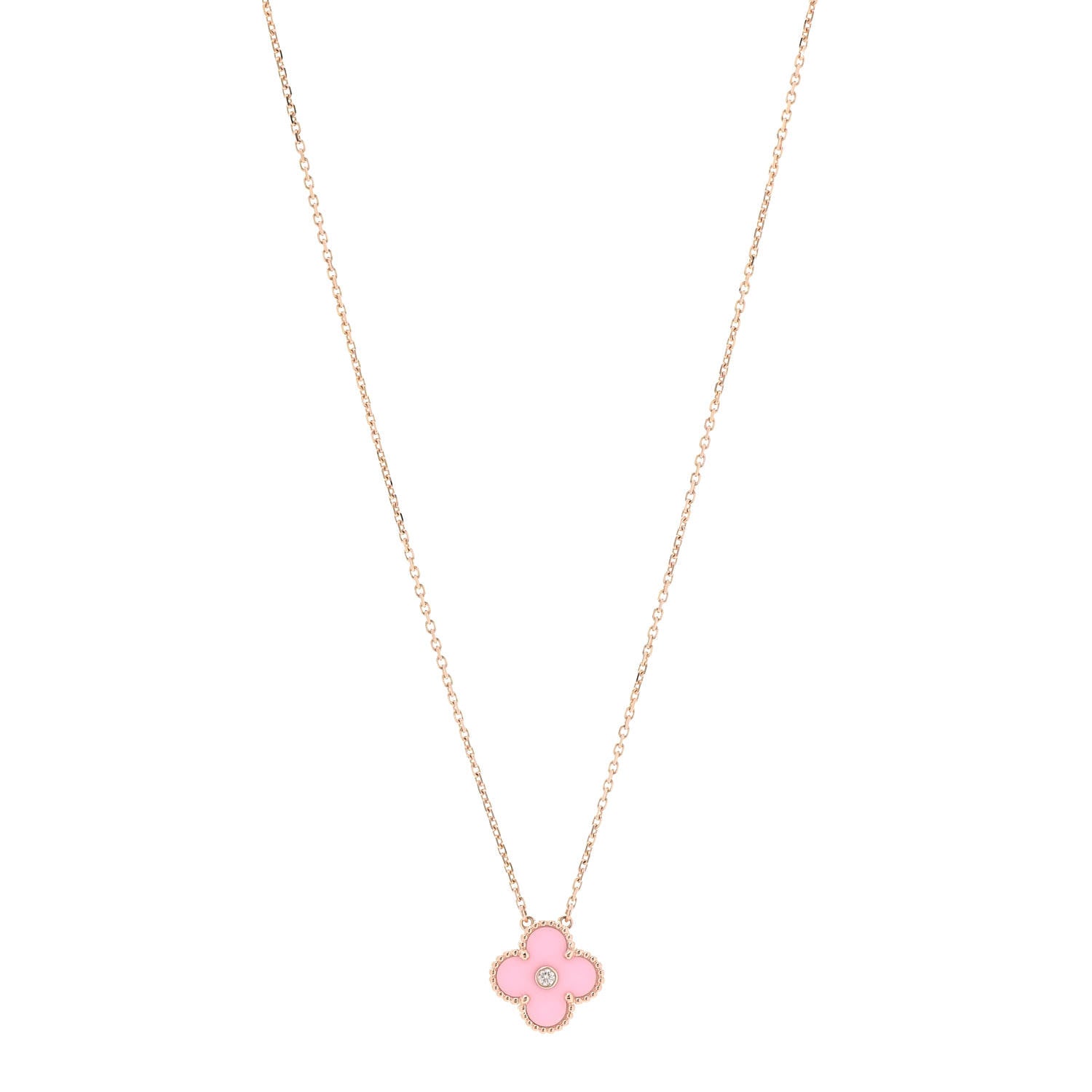 Van Cleef & Arpels 18K Rose Gold Diamond Pink Porcelain Vintage Alhambra Pendant Necklace 1 of 7
