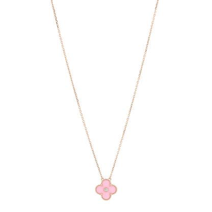 Van Cleef & Arpels 18K Rose Gold Diamond Pink Porcelain Vintage Alhambra Pendant Necklace 1 of 7