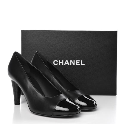 Chanel Lambskin Calfskin Patent Cap Toe CC Pumps 38 Black 9 of 9