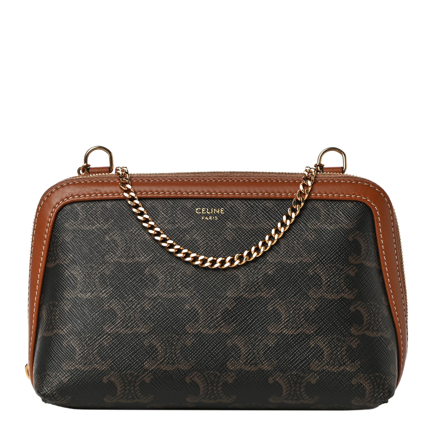 Celine Triomphe Canvas Calfskin Mini Clutch on Chain Tan 1 of 7