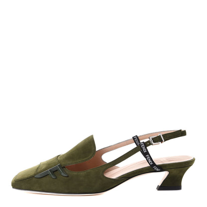 Fendi Suede FFreedom Slingback Kitten Heel Pumps 37 Khaki 2 of 18