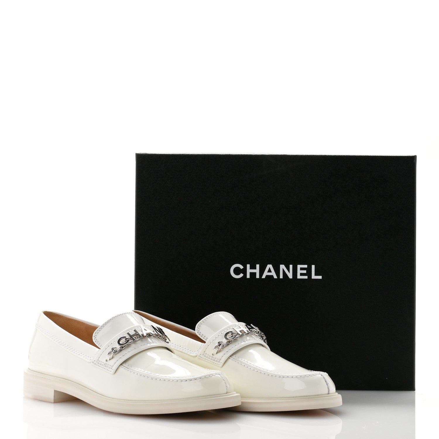 Chanel Shiny Calfskin Logo Loafers 39.5 White 12 of 12