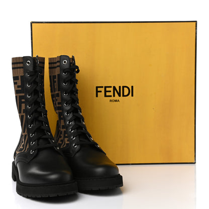 Fendi Calfskin Stretch Fabric FF Rockoko Biker Boots 37.5 Black Tobacco 8 of 8