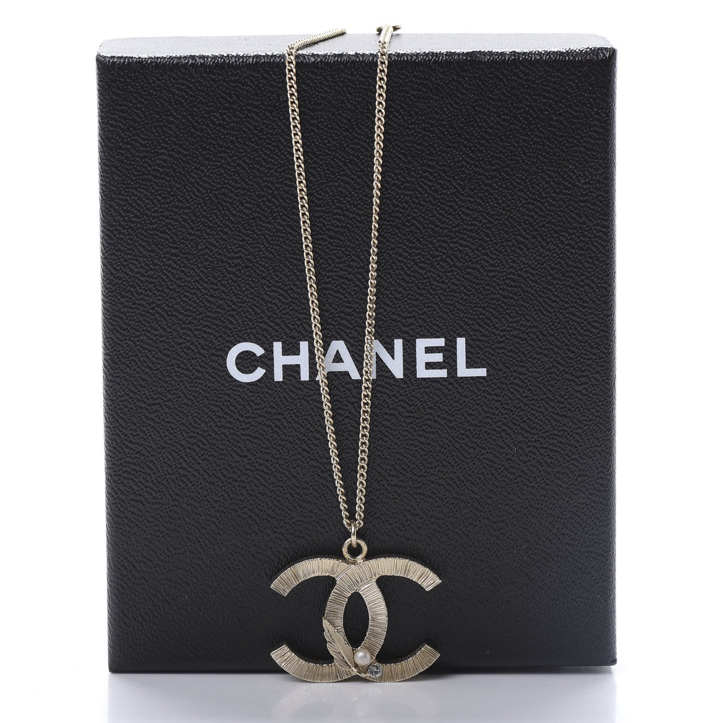 Pearl Crystal Feather CC Pendant Necklace Gold
