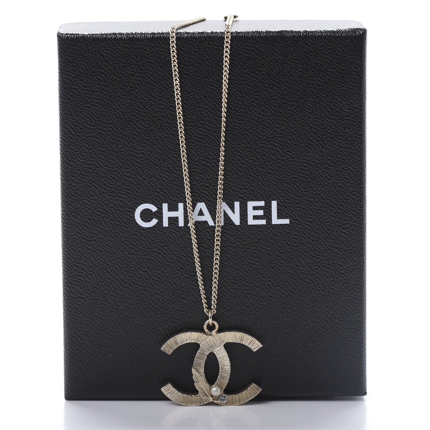 Chanel Pearl Crystal Feather CC Pendant Necklace Gold 5 of 5