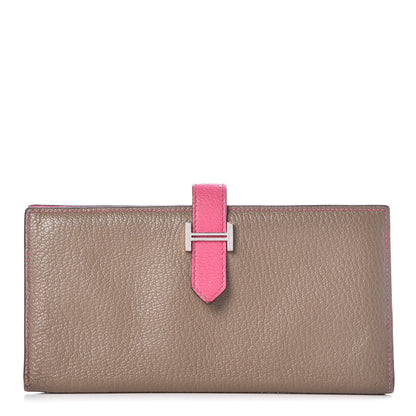 Hermes Chevre Mysore Bi-Color Bearn Gusset Wallet Etoupe Rose Shocking 1 of 14