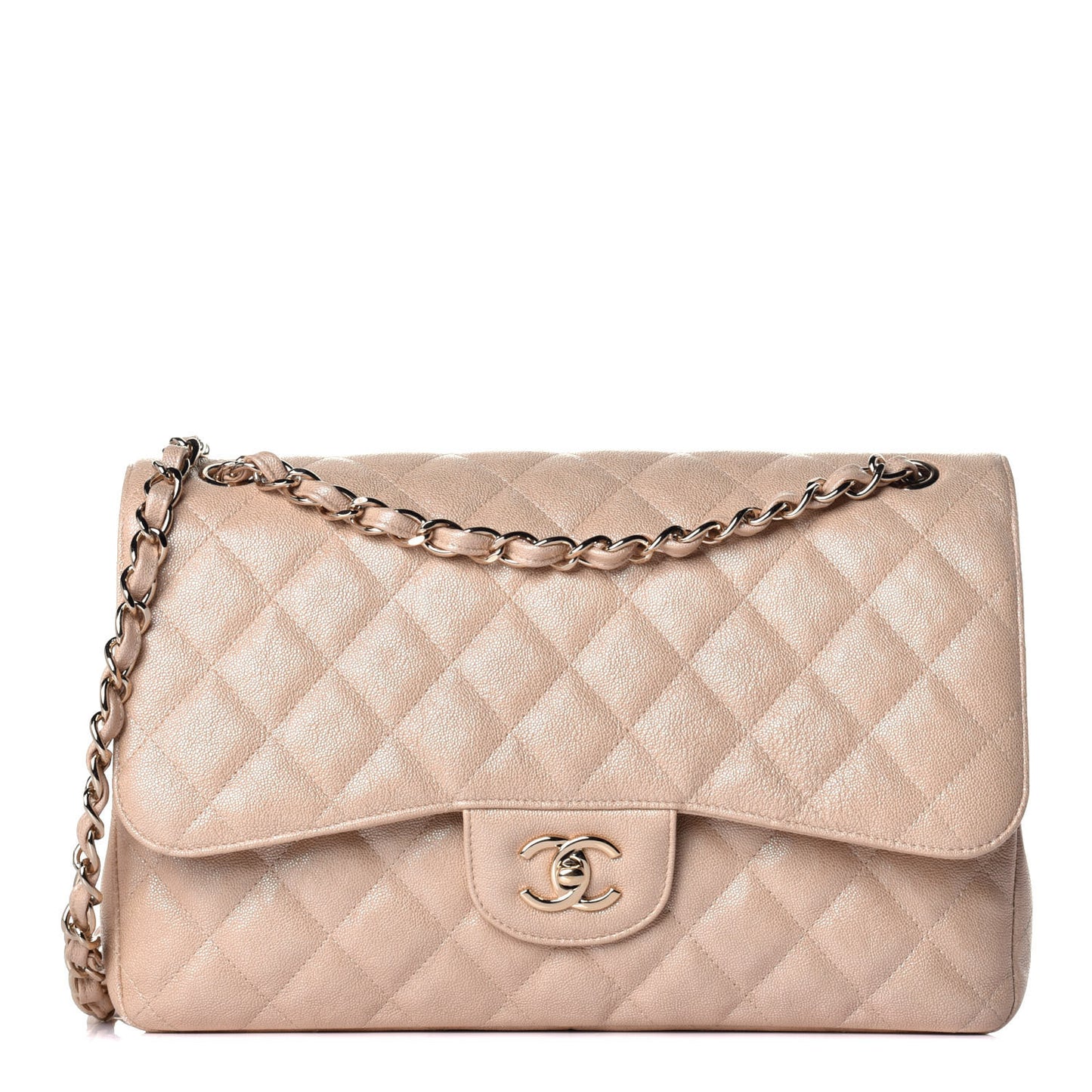 Iridescent Caviar Quilted Jumbo Double Flap Beige