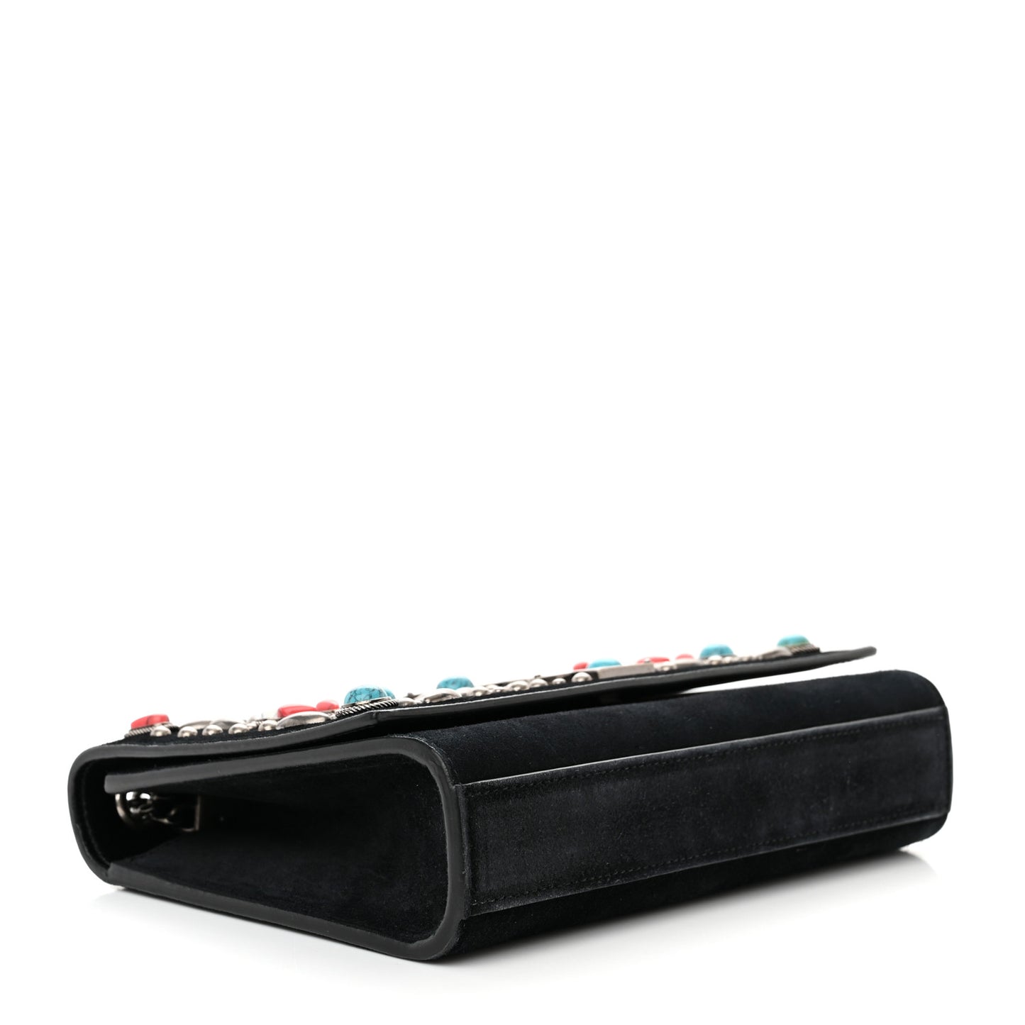 Suede Small Monogram Stone Studded Kate Satchel Black Turquoise Coral
