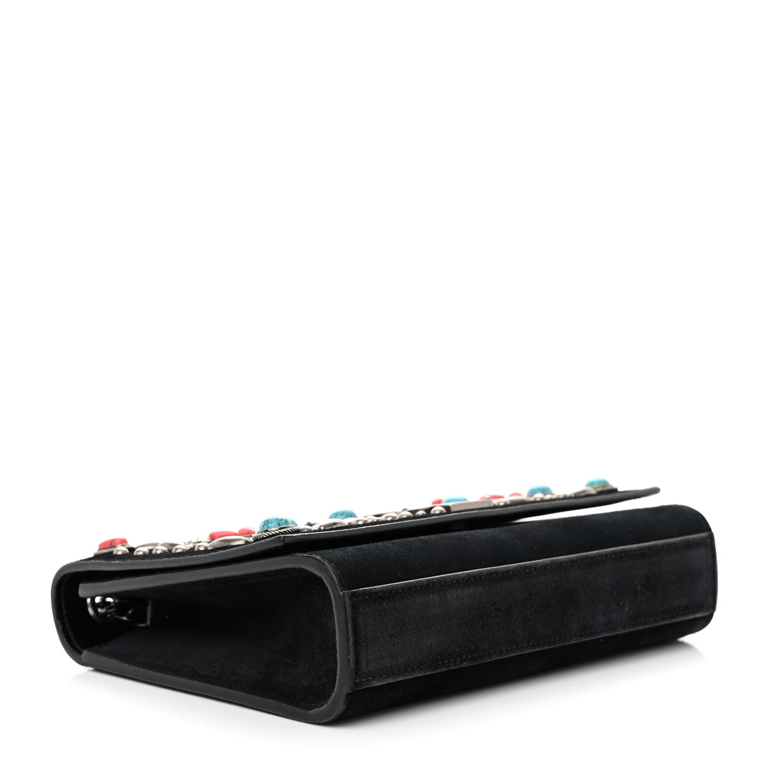 Saint Laurent Suede Small Monogram Stone Studded Kate Satchel Black Turquoise Coral 4 of 17