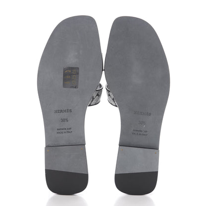 Hermes Calfskin Embroidered Oran Sandals 38.5 Black Gris Argente 5 of 8